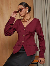 Women's Solid V-Neck Front Button Long Sleeve Blouse
